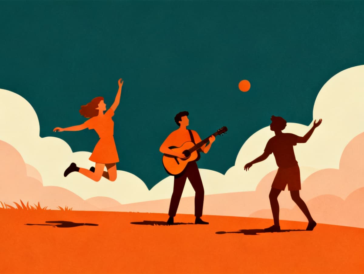 Personas jugando al aire libre — saltando, tocando la guitarra, lanzando una pelota